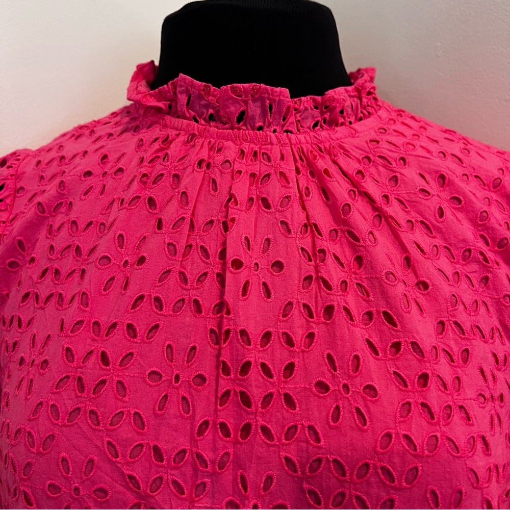 J. Crew Eyelet Top Ruffle Mock Neck Short Sleeve Blouse - Picture 3 of 8